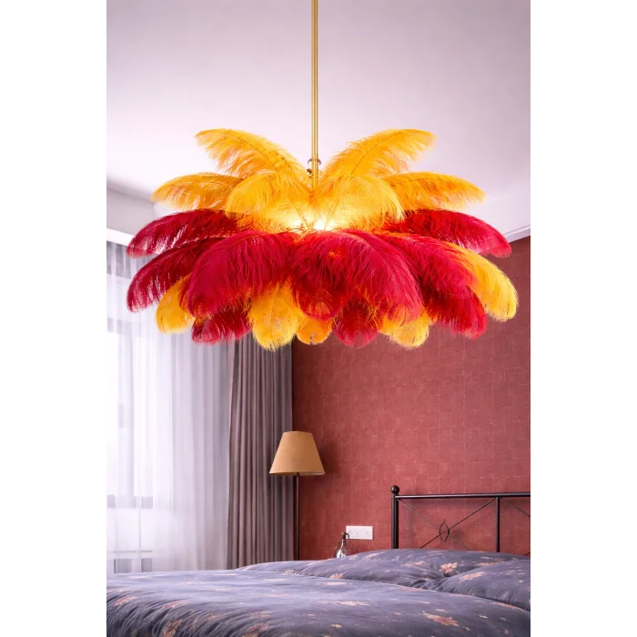 Sarı Kırmızı Deve Kuşu Tüyü Sarkıt Avize