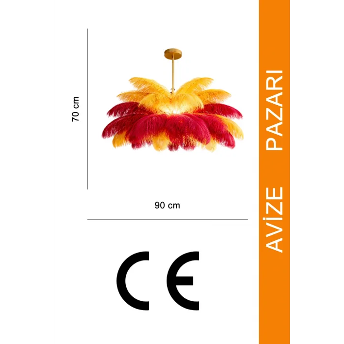 Sarı Kırmızı Deve Kuşu Tüyü Sarkıt Avize