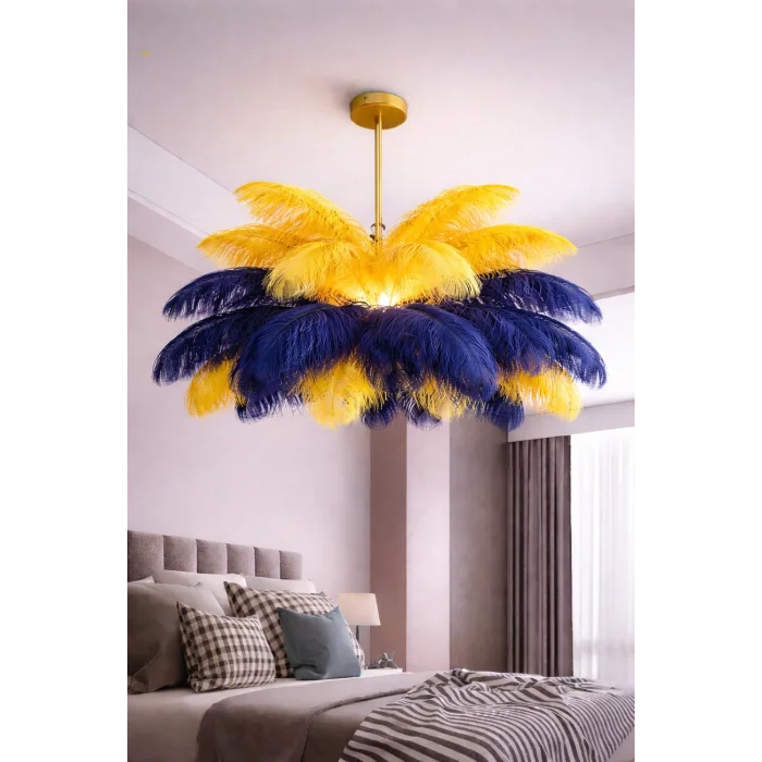 Sarı Lacivert Deve Kuşu Tüyü Sarkıt Avize