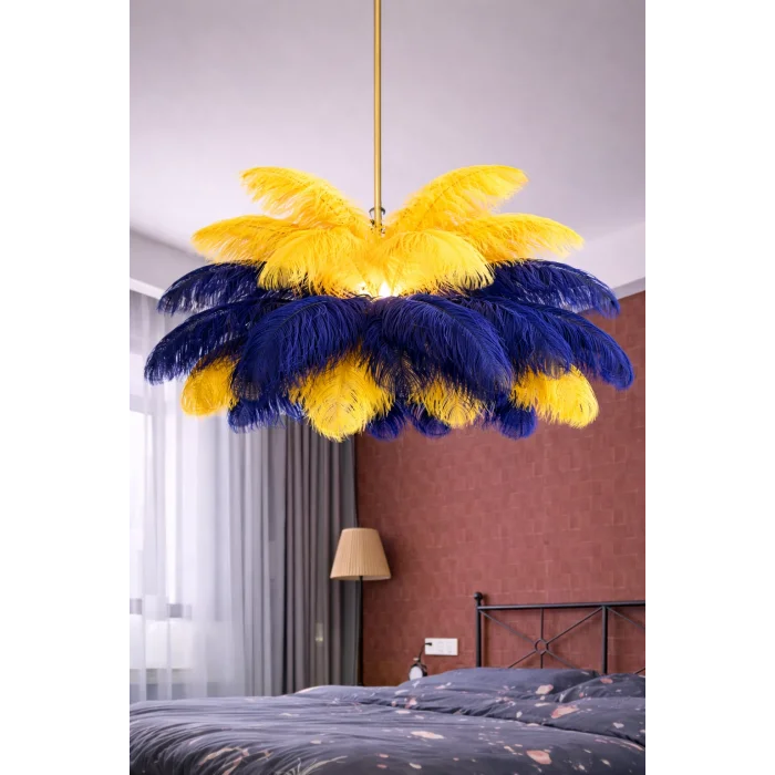 Sarı Lacivert Deve Kuşu Tüyü Sarkıt Avize