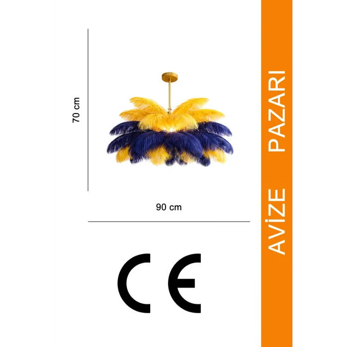 Sarı Lacivert Deve Kuşu Tüyü Sarkıt Avize