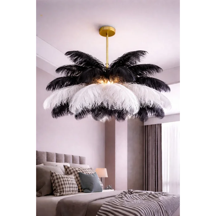 Siyah Beyaz Deve Kuşu Tüyü Sarkıt Avize