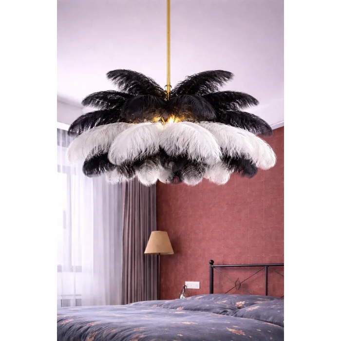 Siyah Beyaz Deve Kuşu Tüyü Sarkıt Avize