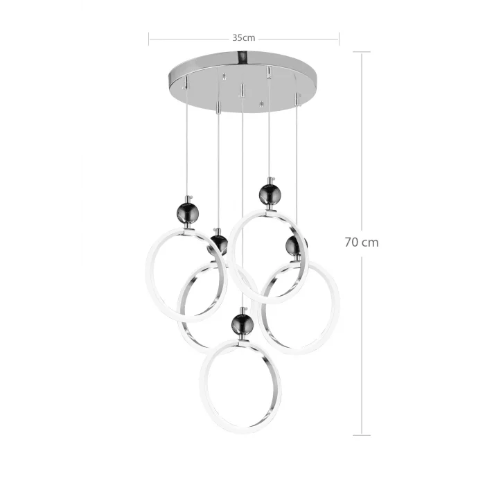 Dekoratif Beşli Yuvarlak Üç Renkli Krom Sarkıt Led Avize