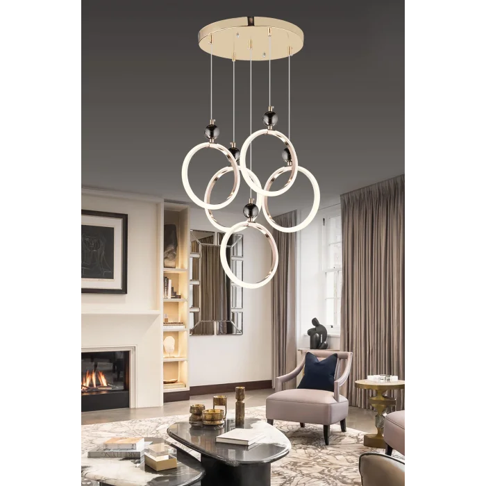 Dekoratif Beşli Yuvarlak Üç Renkli Gold Sarkıt Led Avize