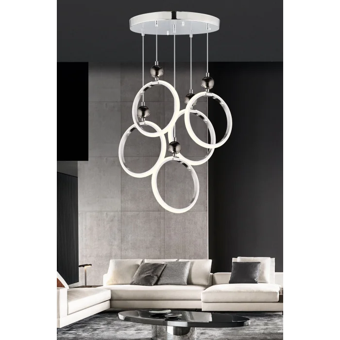 Dekoratif Beşli Yuvarlak Üç Renkli Krom Sarkıt Led Avize