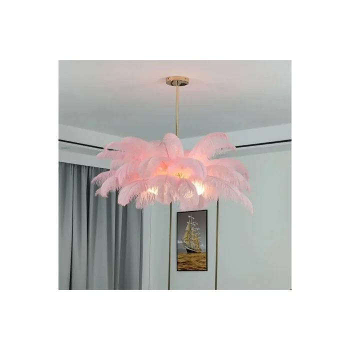 Deve Kuşu Tüyü Avize Pembe