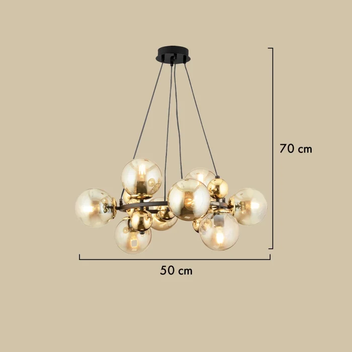 Sekizli Yuvarlak Camlı Avize Siyah-Gold (70x75 cm)