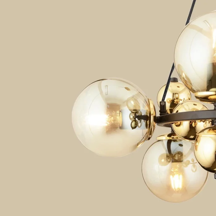 Sekizli Yuvarlak Camlı Avize Siyah-Gold (70x75 cm)