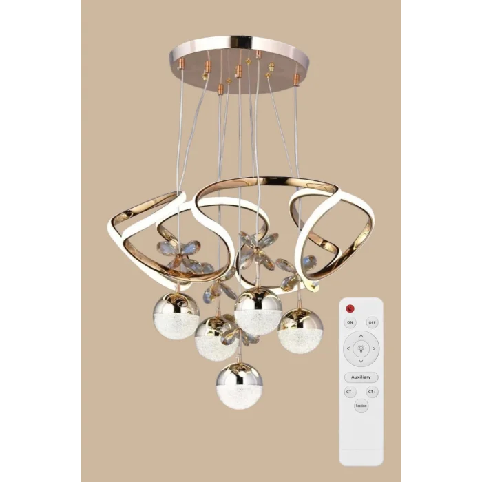 Galaksi Beş Toplu Üç Renk Kumandalı Altın Gold Renk Ledli Avize