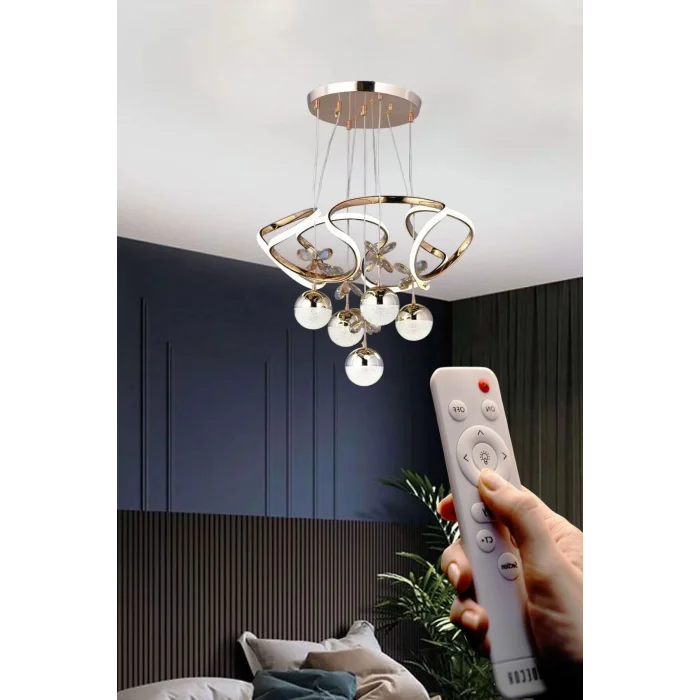 Galaksi Beş Toplu Üç Renk Kumandalı Altın Gold Renk Ledli Avize