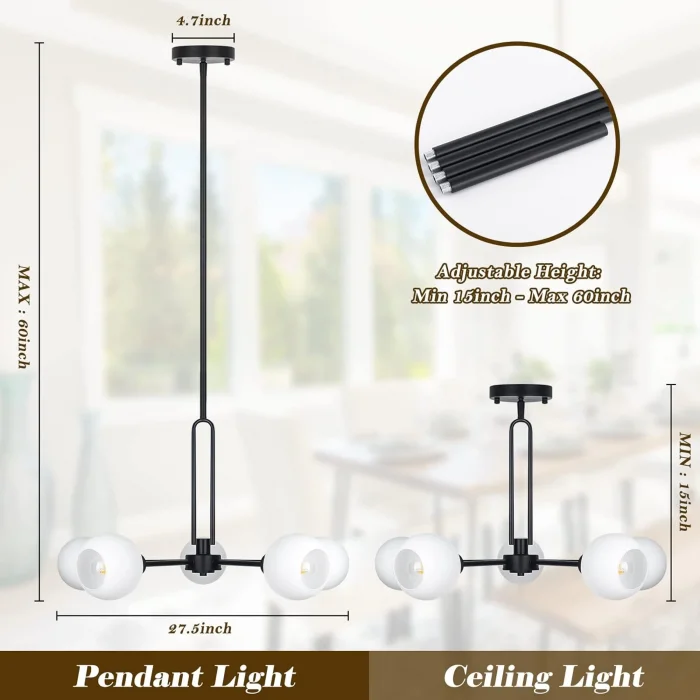 Globe Küre Siyah Beyaz Camlı 5li Sarkıt Avize