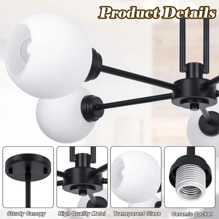 Globe Küre Siyah Beyaz Camlı 5li Sarkıt Avize