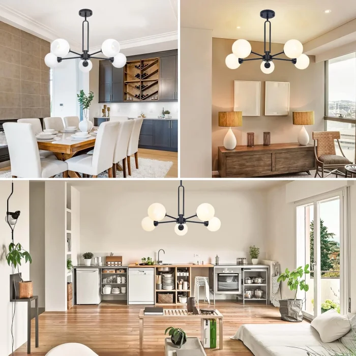 Globe Küre Siyah Beyaz Camlı 5li Sarkıt Avize