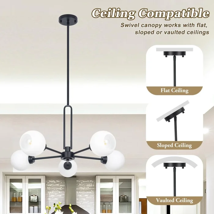 Globe Küre Siyah Beyaz Camlı 5li Sarkıt Avize