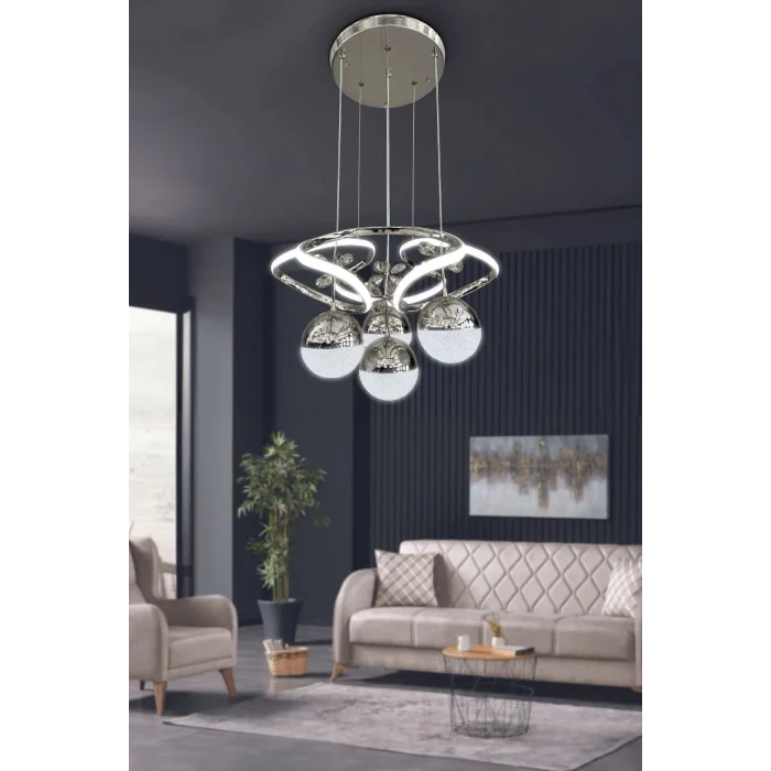 Hemera Modern Kumandalı Led Sarkıt Avize 3 Renk 4 Bölmeli Krom Kaplamalı Toplu Kelebek Taşlı