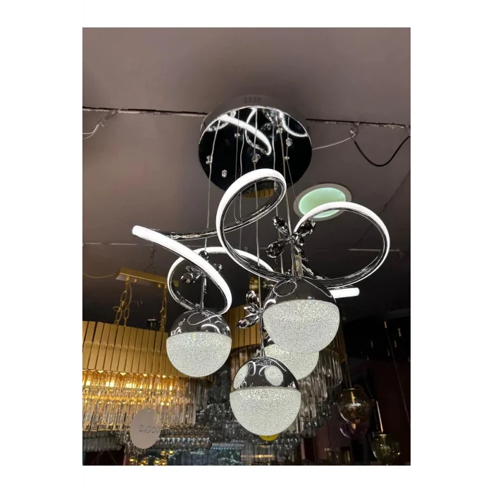 Hemera Modern Kumandalı Led Sarkıt Avize 3 Renk 4 Bölmeli Krom Kaplamalı Toplu Kelebek Taşlı