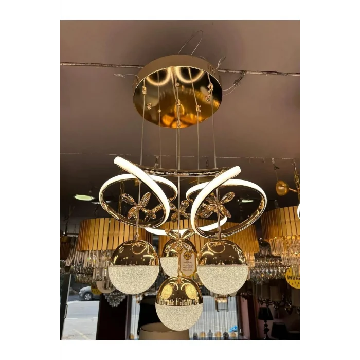 Hemera Modern Kumandalı Led Sarkıt Avize 3 Renk 4 Bölmeli Gold Kaplamalı Toplu Kelebek Taşlı
