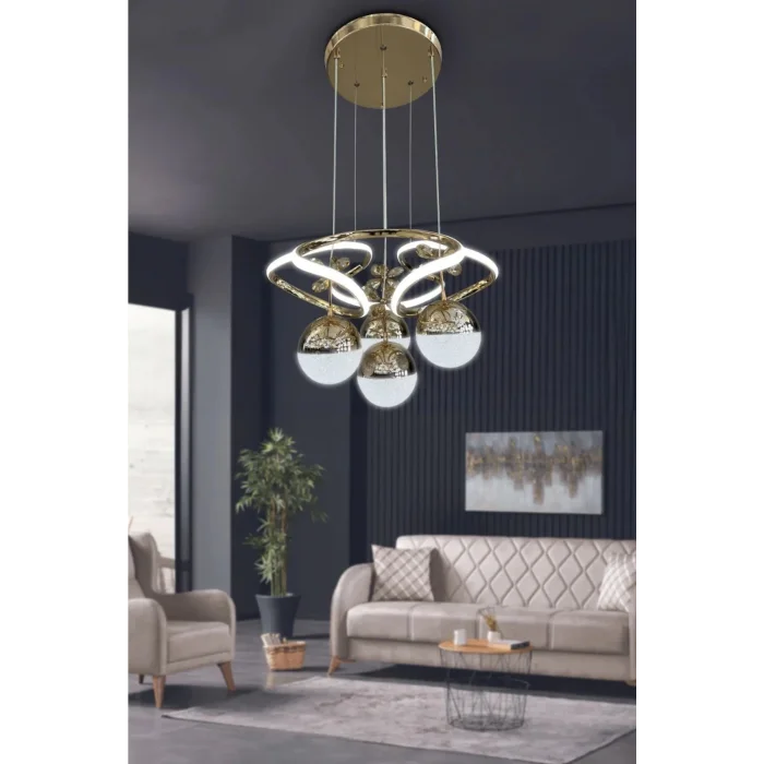 Hemera Modern Kumandalı Led Sarkıt Avize 3 Renk 4 Bölmeli Gold Kaplamalı Toplu Kelebek Taşlı