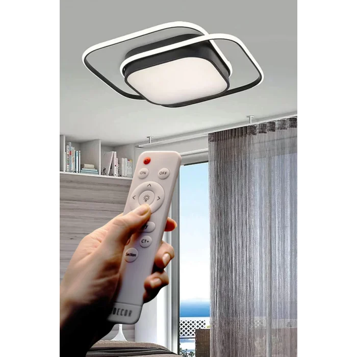 İkili Kare Led Plafonyer Avize Üç Renkli Siyah Renkli Kumandalı