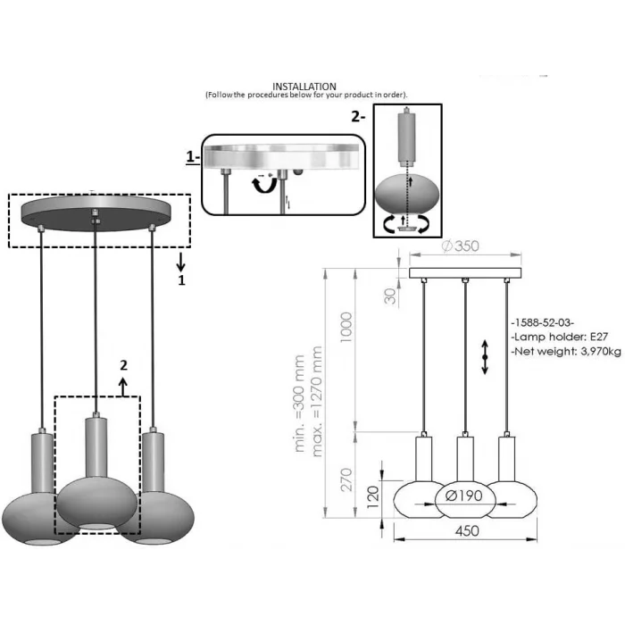 Kabo 3lü Sıralı Antik Krom Avize