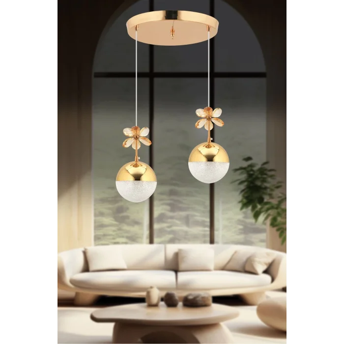 Kelebek 2li Gold Sarkıt Ledli 3 Renk Kademeli Kristal Taşlı Led Avize