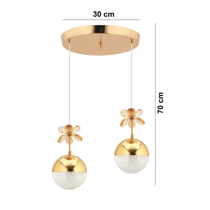 Kelebek 2li Gold Sarkıt Ledli 3 Renk Kademeli Kristal Taşlı Led Avize