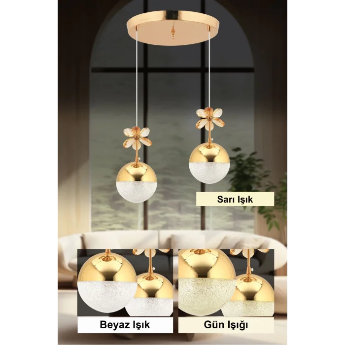 Kelebek 2li Gold Sarkıt Ledli 3 Renk Kademeli Kristal Taşlı Led Avize