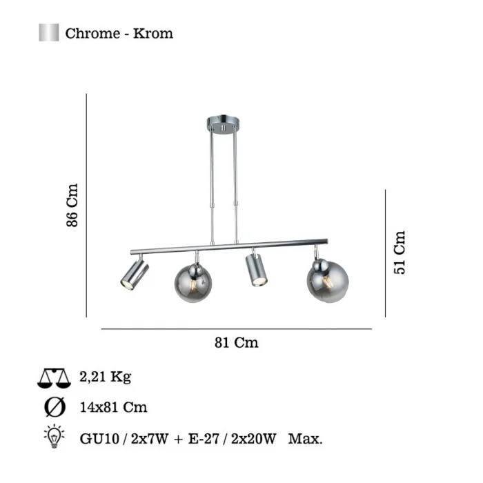 Kero 2+2 Antık Krom Sıralı Avize