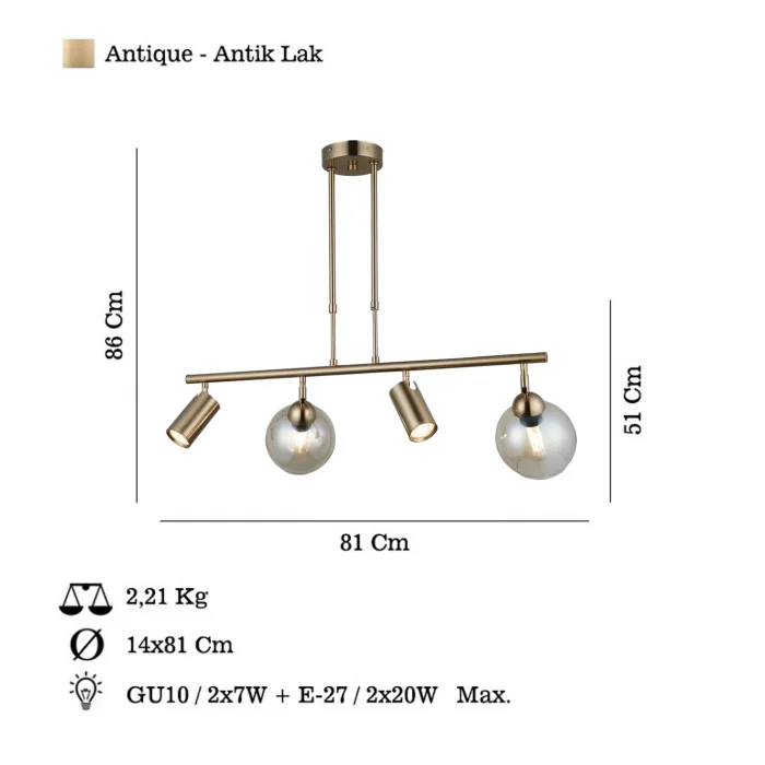 Kero 2+2 Antık Lak Sıralı Avize
