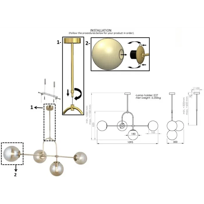 Portual 4lü Antik Lak Avize