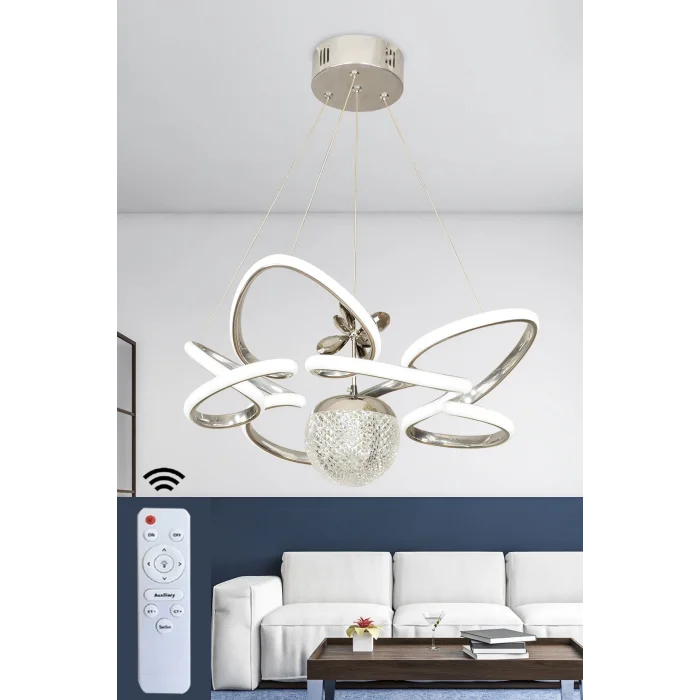 Modern 3 Renk Kumandalı Krom Büyük Boy Salon Avize Toplu Led Avize