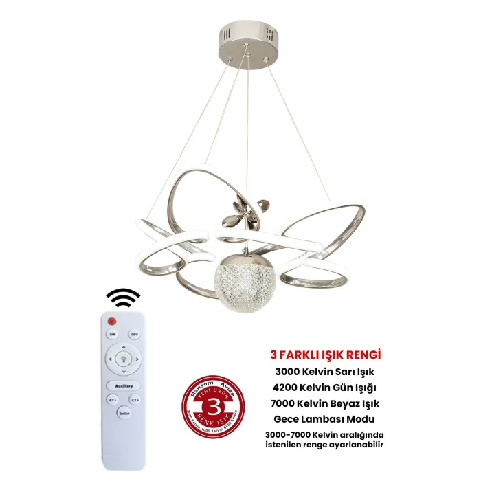 Modern 3 Renk Kumandalı Krom Büyük Boy Salon Avize Toplu Led Avize