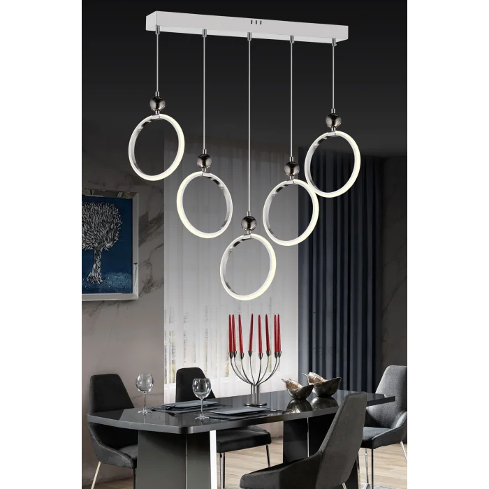 Modern Beşli Yuvarlak Üç Renkli Krom Yemek Odası Led Avize