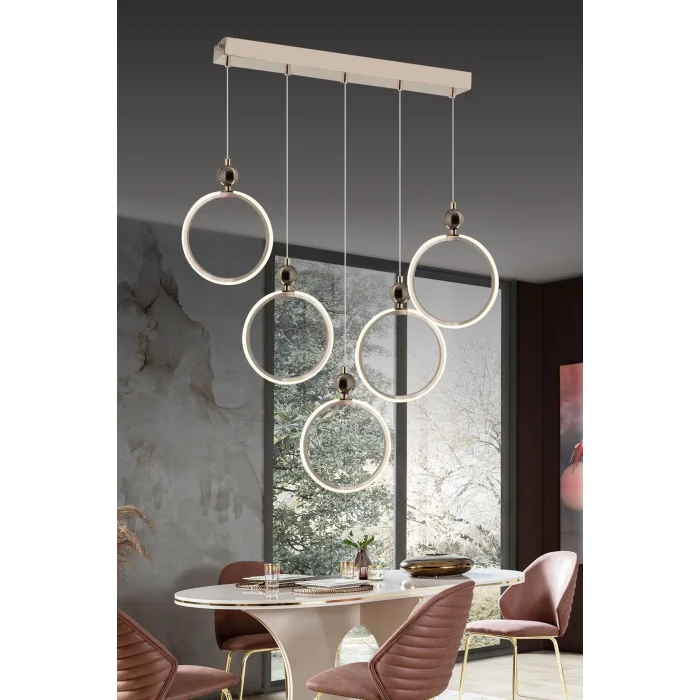 Modern Beşli Yuvarlak Üç Renkli Gold Yemek Odası Led Avize
