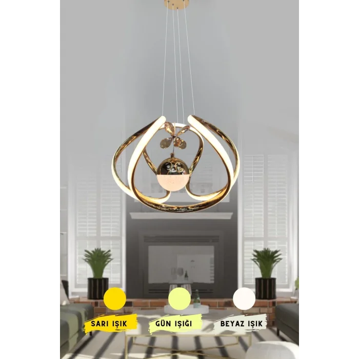 Modern Taşlı Toplu Bronz Ledli Avize