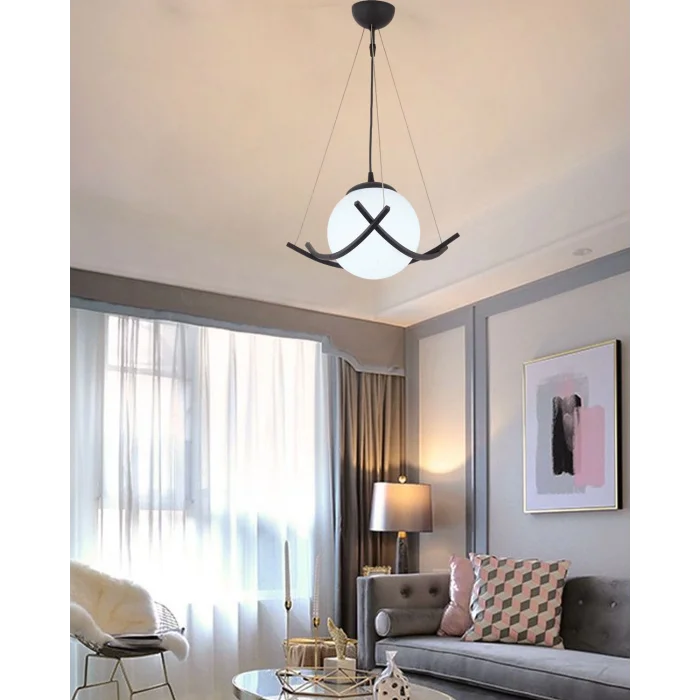 Modern Tekli Avize Opal Cam Siyah Metal Gövde