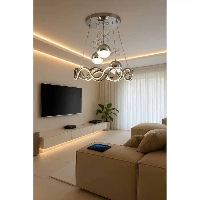 Neo Krom Kaplama Yuvarlak 3 Toplu 3 Renk Modüllü Ledli Avize