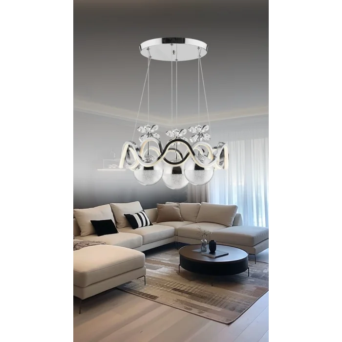 Orkide Krom Renkli 3lü Toplu 3 Renk Kumandalı Modern Ledli Avize