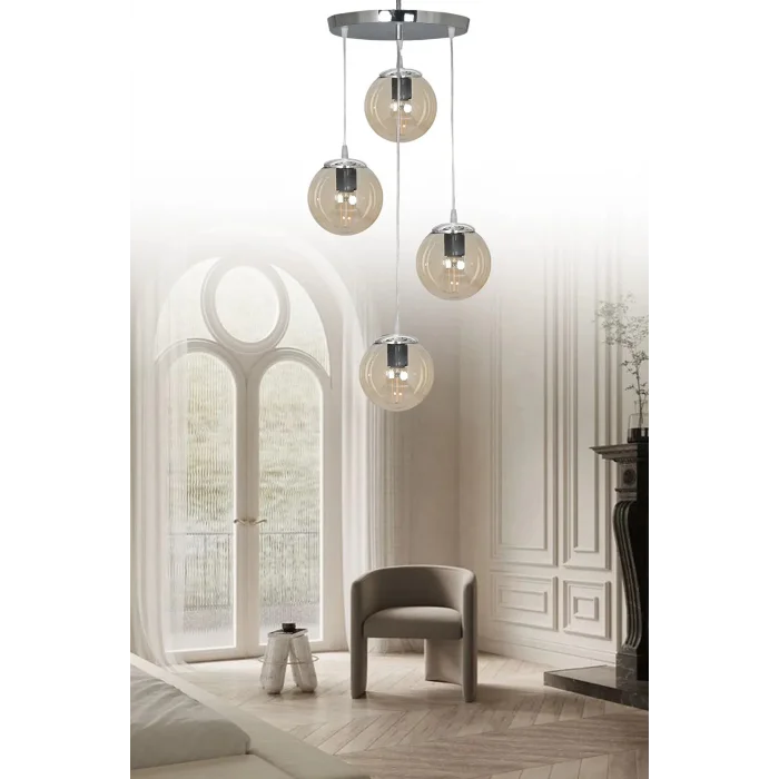 Sarkıt Tepsi Gümüş 4lü Beyaz/Füme/Bal Camlı Avize (Seçim yapınız)