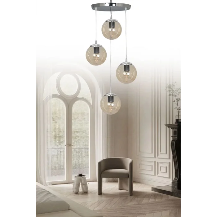 Sarkıt Tepsi Gümüş 4lü Beyaz Füme Bal Camlı Avize