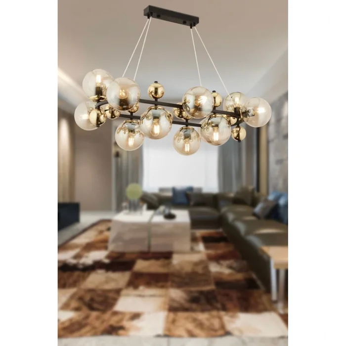 12Li Dikdörtgen Camlı Gold Modern Avize