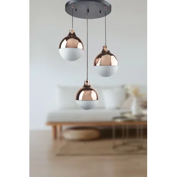 Modern Üçlü Sarkıt Retro Bakır Renk Beyaz Camlı Salon Avize