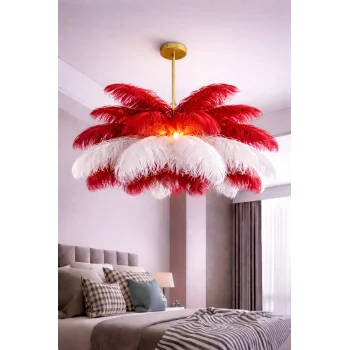 Kırmızı Beyaz Deve Kuşu Tüyü Sarkıt Avize