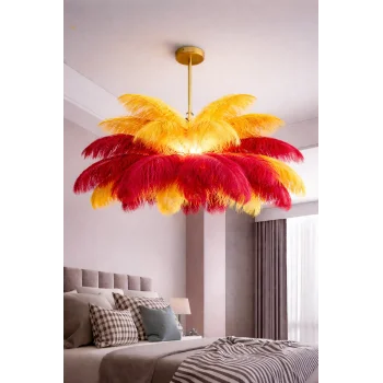 Sarı Kırmızı Deve Kuşu Tüyü Sarkıt Avize