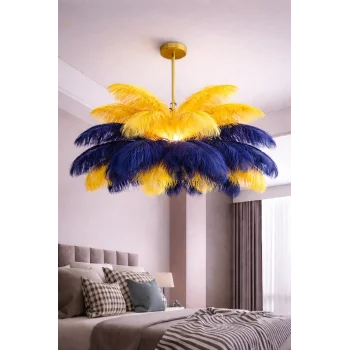 Sarı Lacivert Deve Kuşu Tüyü Sarkıt Avize