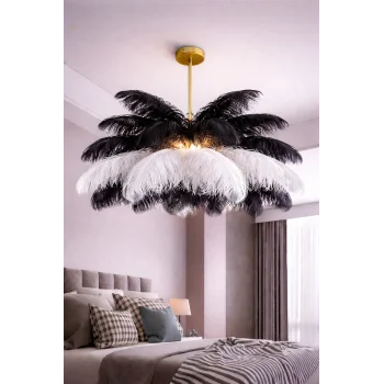 Siyah Beyaz Deve Kuşu Tüyü Sarkıt Avize