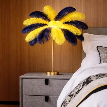 Sarı Lacivert Deve Kuşu Tüyü Masa Lambası