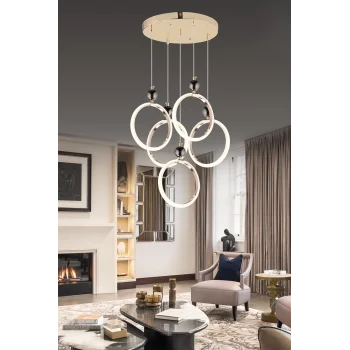 Dekoratif Beşli Yuvarlak Üç Renkli Gold Sarkıt Led Avize