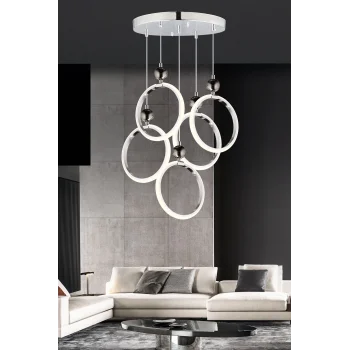 Dekoratif Beşli Yuvarlak Üç Renkli Krom Sarkıt Led Avize